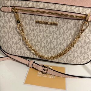 Michael Kors Pink and Vanilla MK Signature Chain Crossbody
